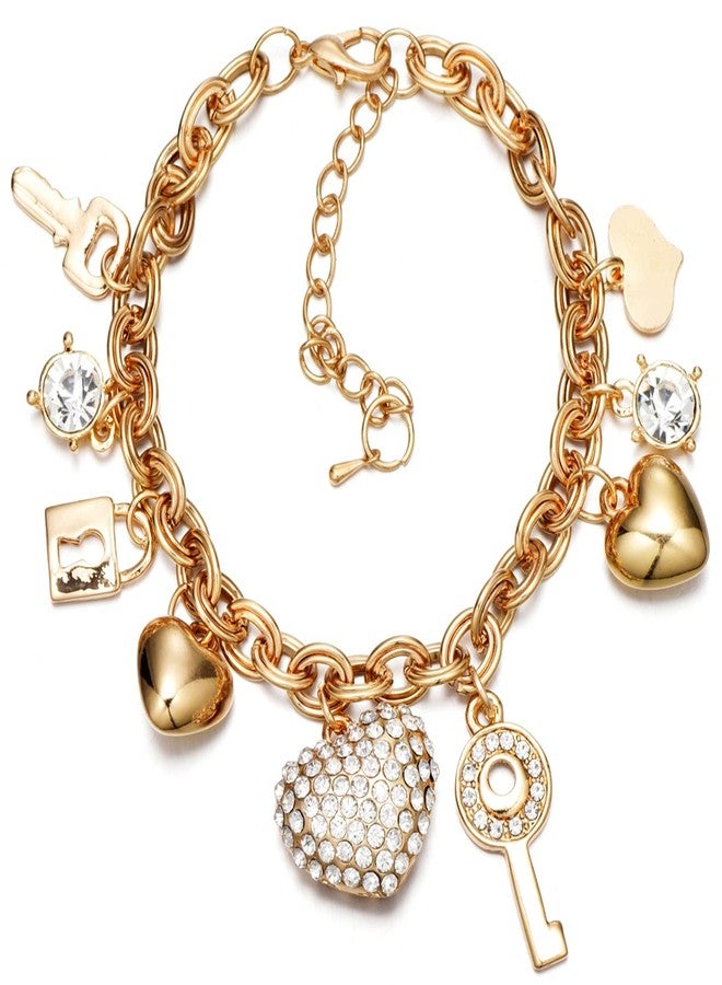 SILANER Gold Chain Link Bracelet - 7"+ 2" Extender 14K Gold Plated Love Locked Bracelets for Women,with Crystal, Love Heart,Key, Lock, Charm Bracelet - Image 1
